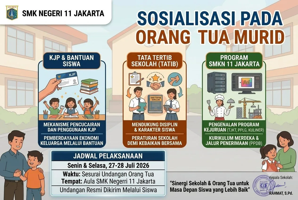 Poster pengumuman: Sosialisasi KJP, tata tertib, dan program sekolah 2026/2027